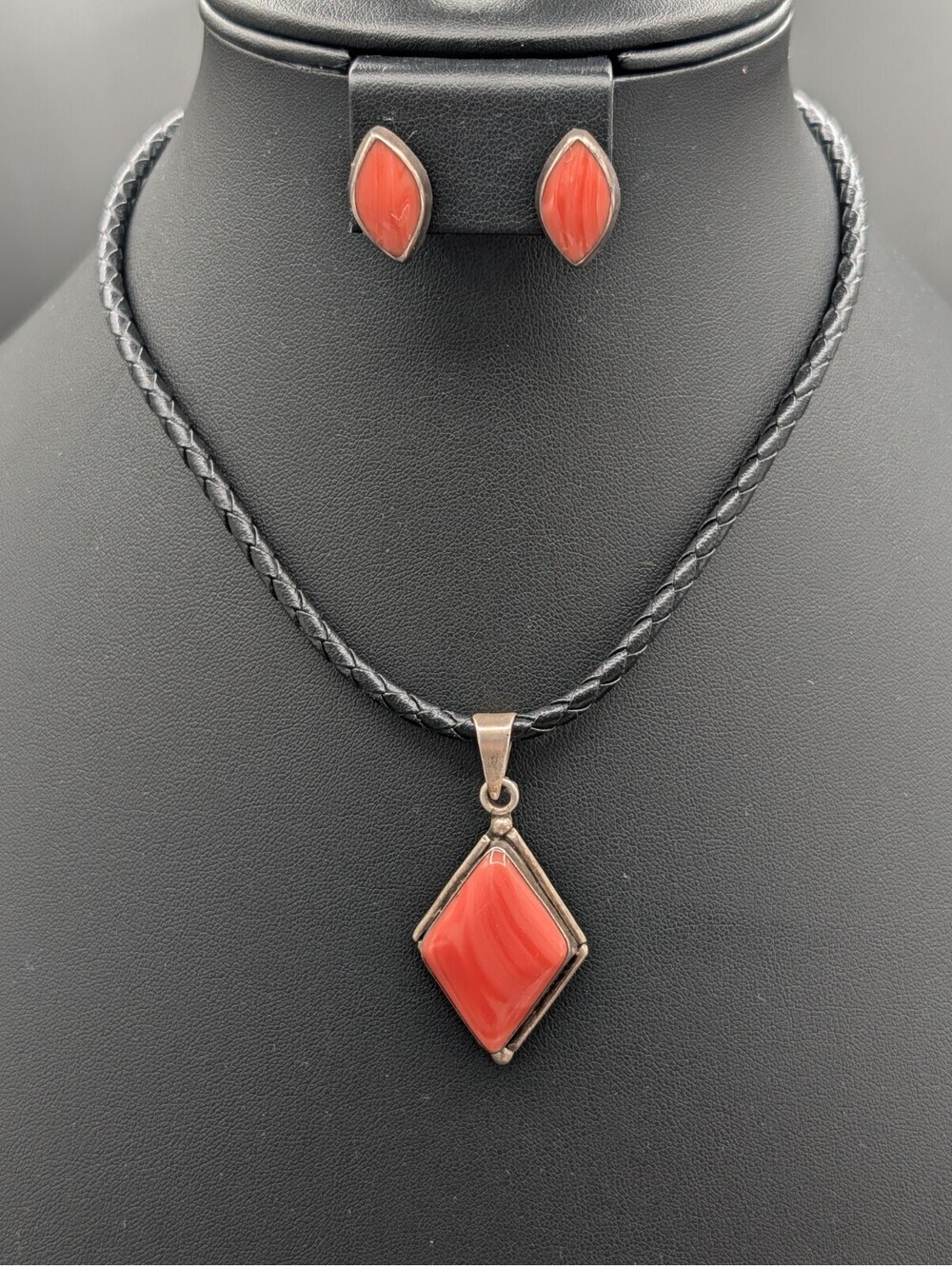 Vintage Taxco TA-93 Sterling Silver 925 Red Coral Pendant Necklace Earrings Set